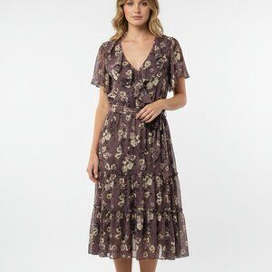 Lauren Ralph Lauren Dress Plum Floral Midi Boho Prairie Cottage Ruffle L